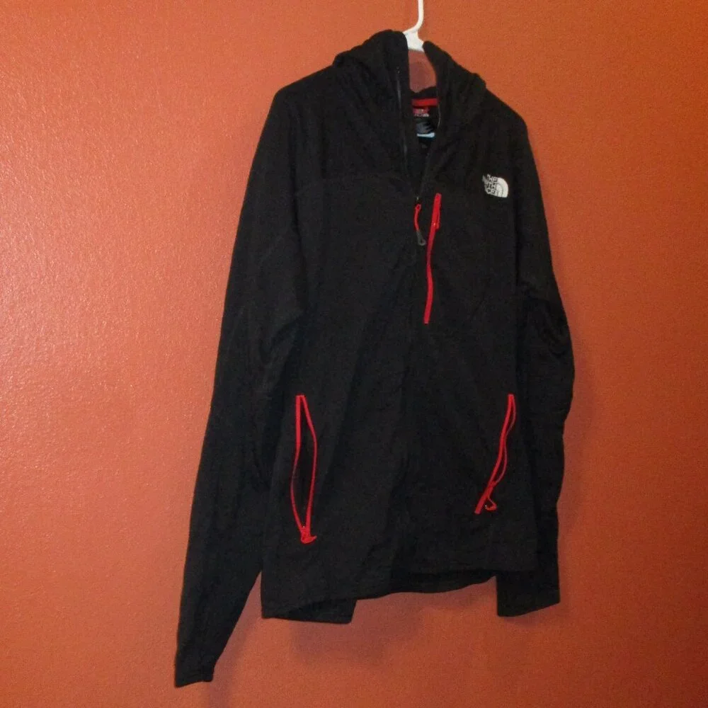 North Face Jacket Men Large Black Red Full Zip Pockets Outdoors Hooded Jacket